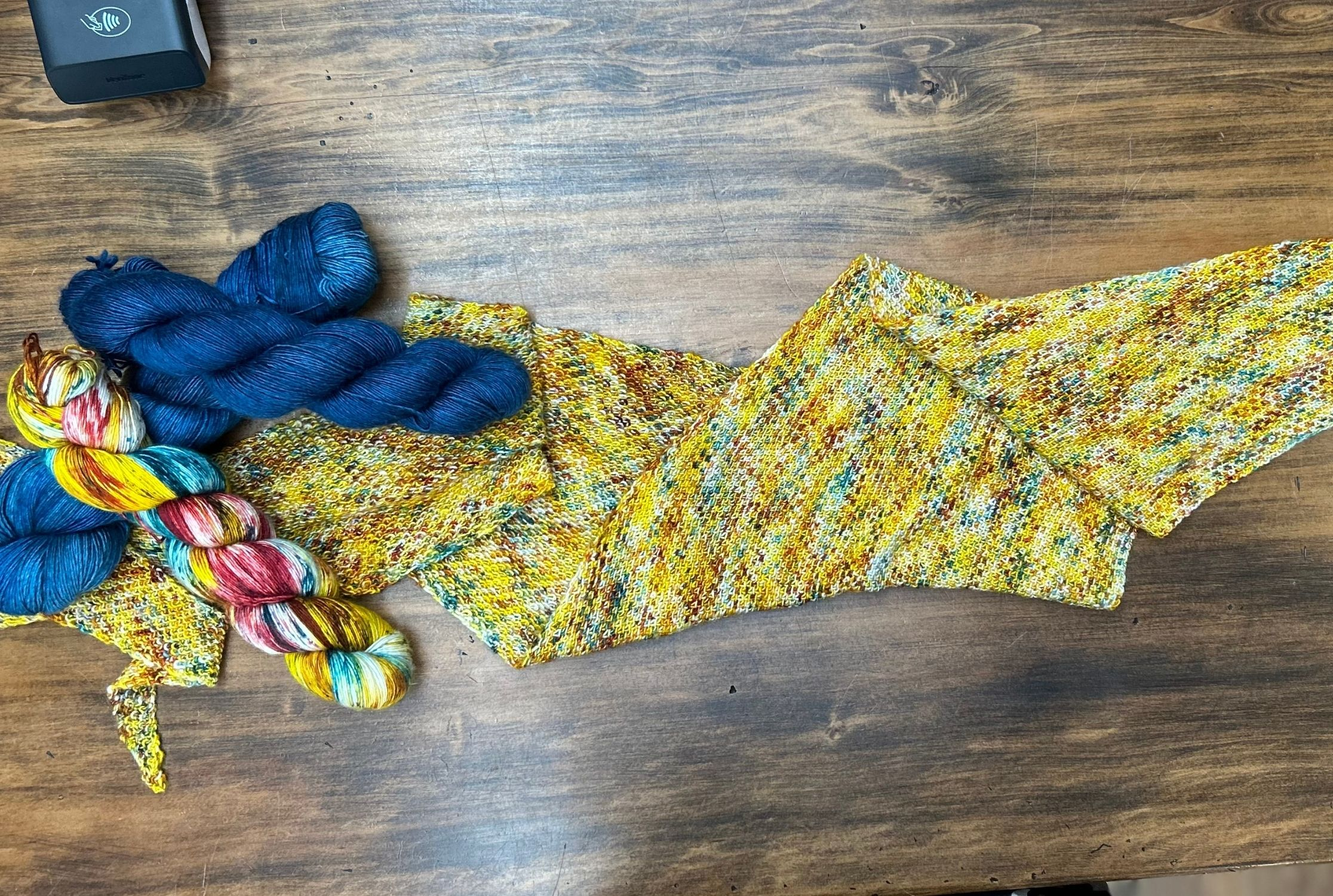 Blue and yellow yarn and shawl